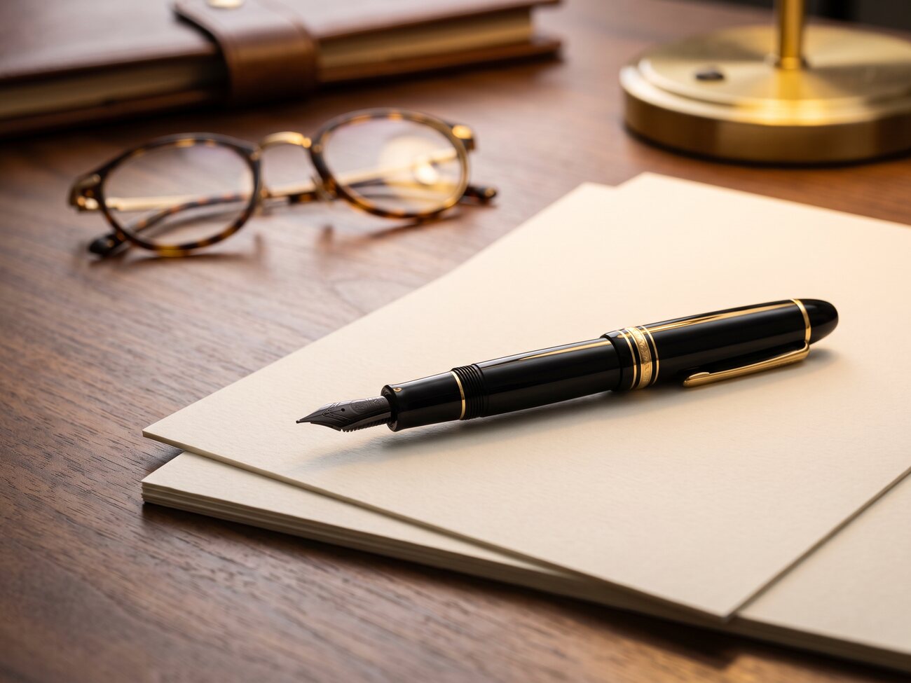 Reading glasses and a fountain pen resting on title documents