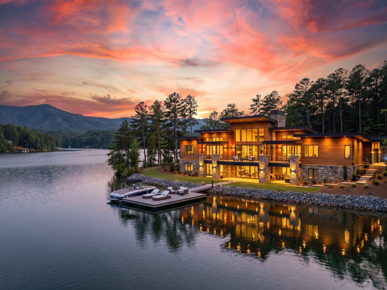 Lakeside Carolina home at dusk